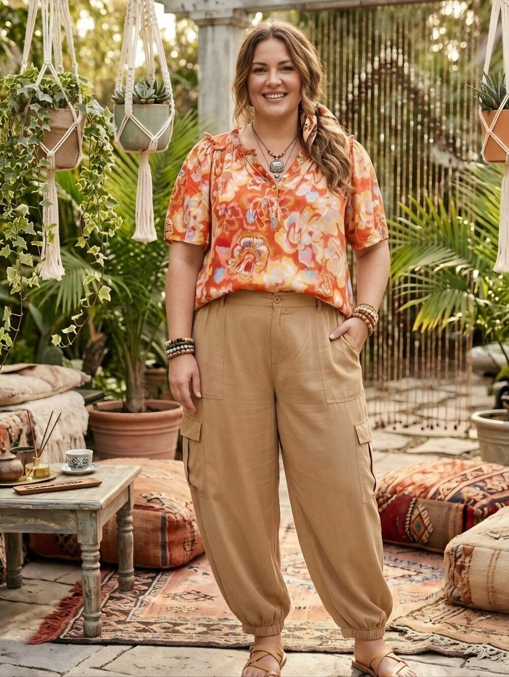 Democracy Orange Floral Short-Sleeve Peasant Blouse